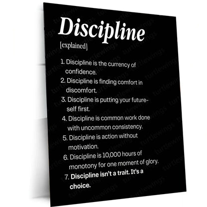 Quote Metal Poster | Discipline Explained – Consistency & Success Mindset Wall Art | Motivational Self-Discipline Metal Frame - TURTLEWINGS