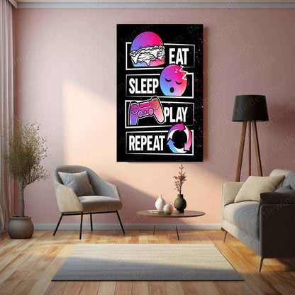 Eat Sleep Play Repeat Metal Poster | Gaming Room Wall Art | Gamer Lifestyle Decor - TURTLEWINGS
