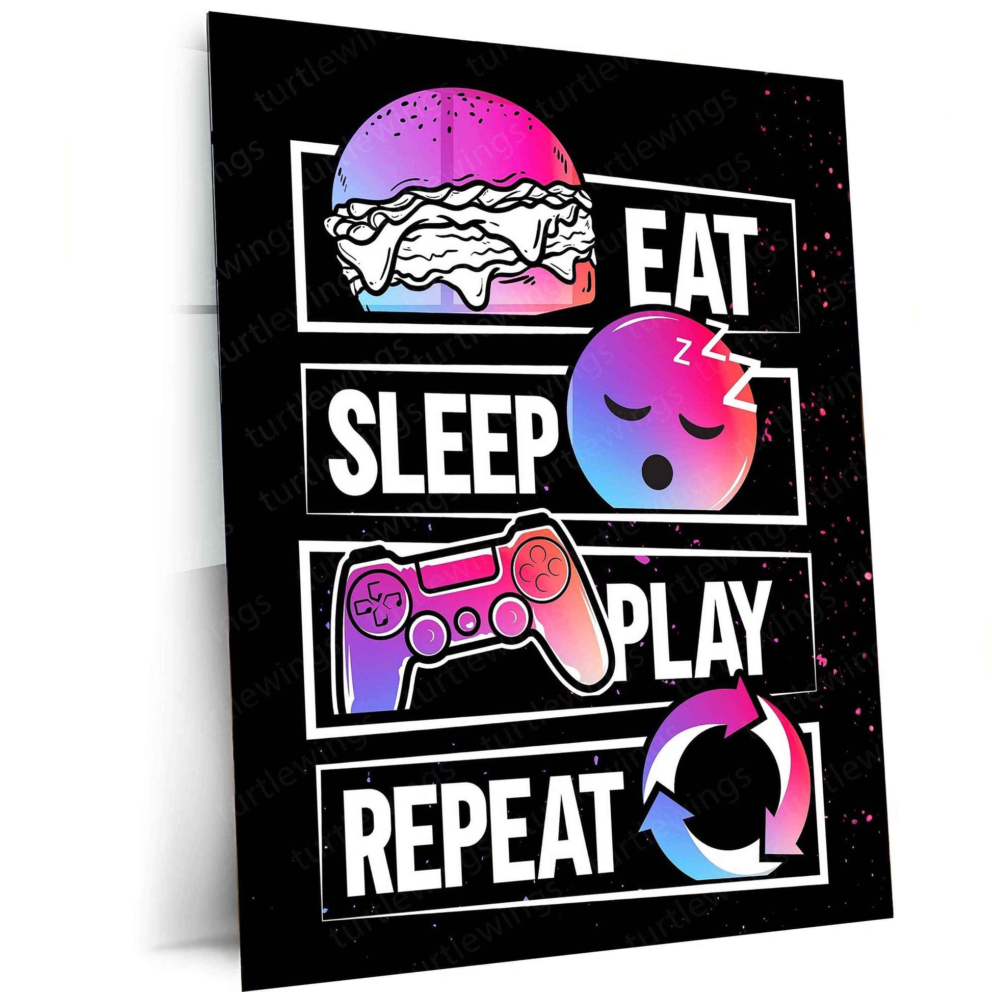 Eat Sleep Play Repeat Metal Poster | Gaming Room Wall Art | Gamer Lifestyle Decor - TURTLEWINGS