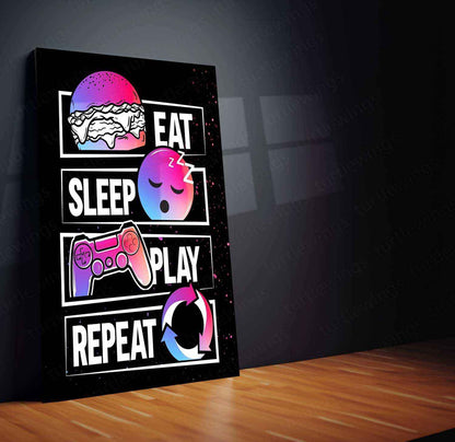 Eat Sleep Play Repeat Metal Poster | Gaming Room Wall Art | Gamer Lifestyle Decor - TURTLEWINGS