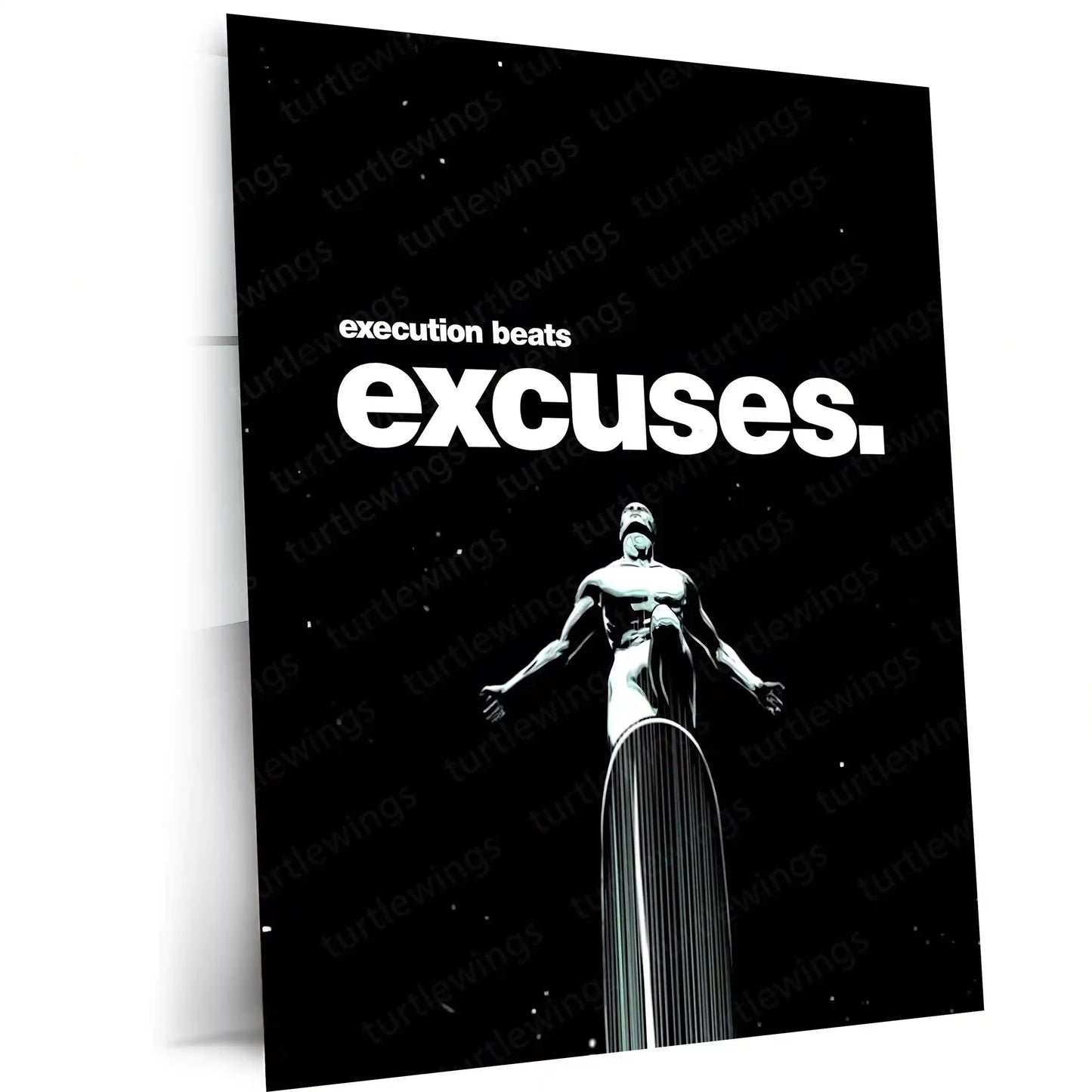 Quote Metal Poster | Silver Surfer – Execution Beats Excuses Metal Frame Relentless Action & No-Excuse Discipline Wall Art | Cosmic Focus Quote Metal Poster - TURTLEWINGS