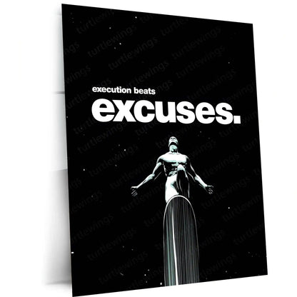 Quote Metal Poster | Silver Surfer – Execution Beats Excuses Metal Frame Relentless Action & No-Excuse Discipline Wall Art | Cosmic Focus Quote Metal Poster - TURTLEWINGS