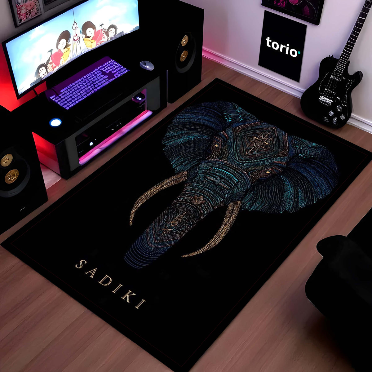 Tribal Elephant Head Area Flat Rug | Luxury Elephant Face Floor Mat | Premium Black Designer Flat Rug for Living Room, Bedroom & Modern Home Decor