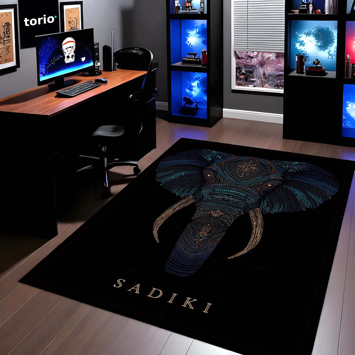Tribal Elephant Head Area Flat Rug | Luxury Elephant Face Floor Mat | Premium Black Designer Flat Rug for Living Room, Bedroom & Modern Home Decor