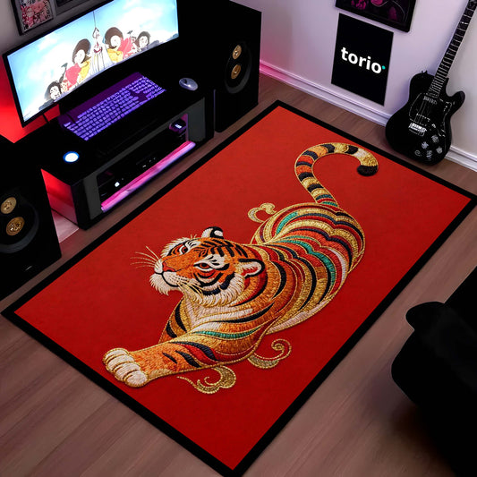 Tiger Design Floor Mat | Red Luxury Tiger Flat Rug | Anti Slip Washable Door Mat for Home Entrance, Bedroom, Living Room Decor | 3 mm Thin Floor Mat