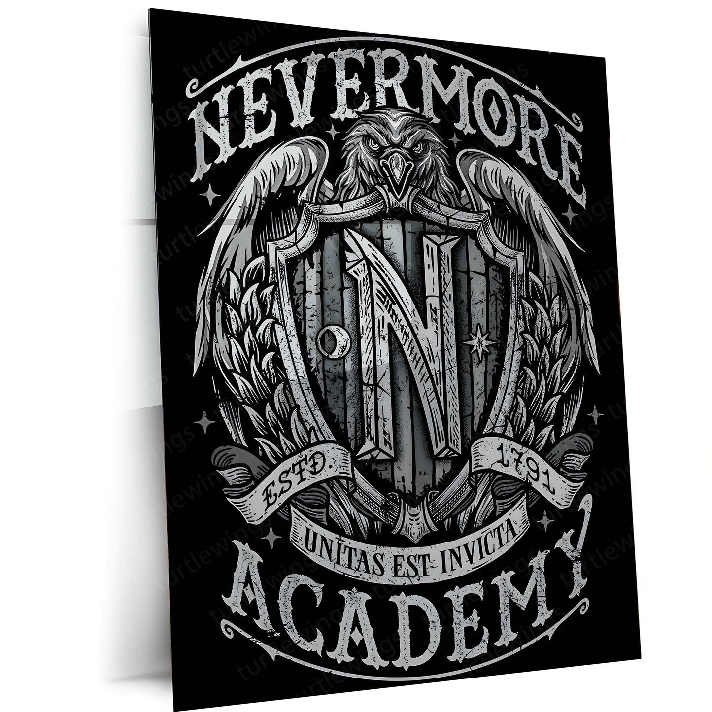 Movies & Series Metal Poster | Nevermore Academy – Gothic Crest of Shadows | Wednesday-Inspired Metal Frame Poster