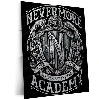 Movies & Series Metal Poster | Nevermore Academy – Gothic Crest of Shadows | Wednesday-Inspired Metal Frame Poster