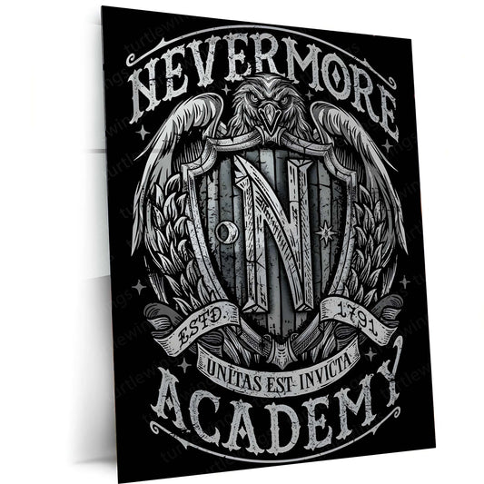 Movies & Series Metal Poster | Nevermore Academy – Gothic Crest of Shadows | Wednesday-Inspired Metal Frame Poster