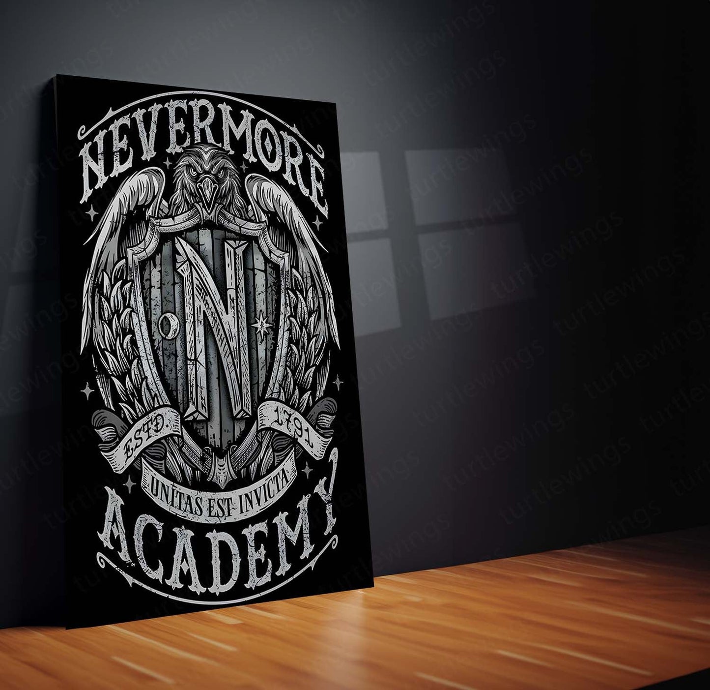 Movies & Series Metal Poster | Nevermore Academy – Gothic Crest of Shadows | Wednesday-Inspired Metal Frame Poster