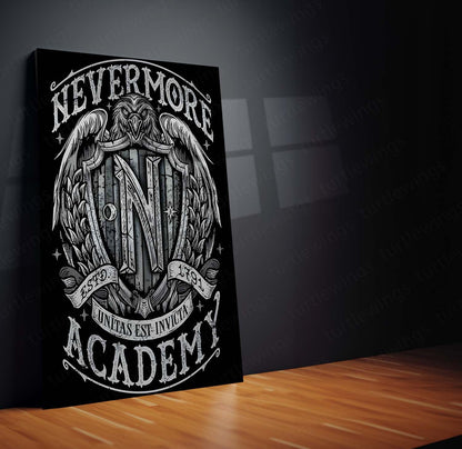 Movies & Series Metal Poster | Nevermore Academy – Gothic Crest of Shadows | Wednesday-Inspired Metal Frame Poster