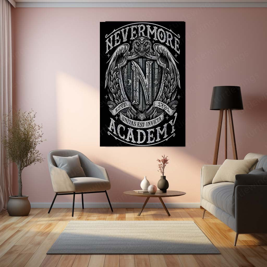 Movies & Series Metal Poster | Nevermore Academy – Gothic Crest of Shadows | Wednesday-Inspired Metal Frame Poster