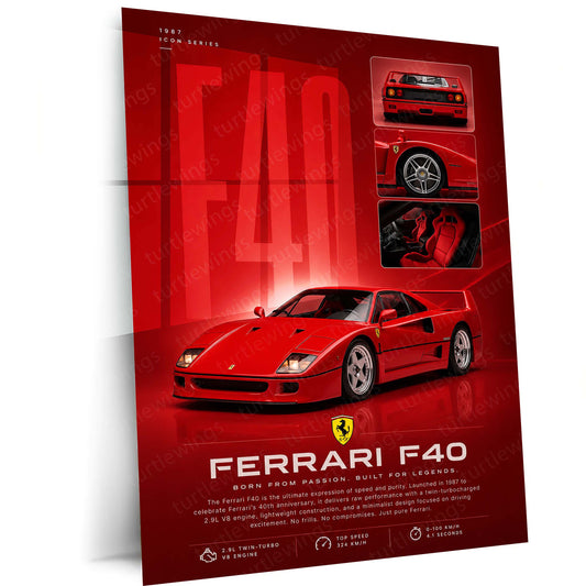 Ferrari F40 Icon Series Metal Poster | Legendary Supercar Wall Art | Premium Ferrari