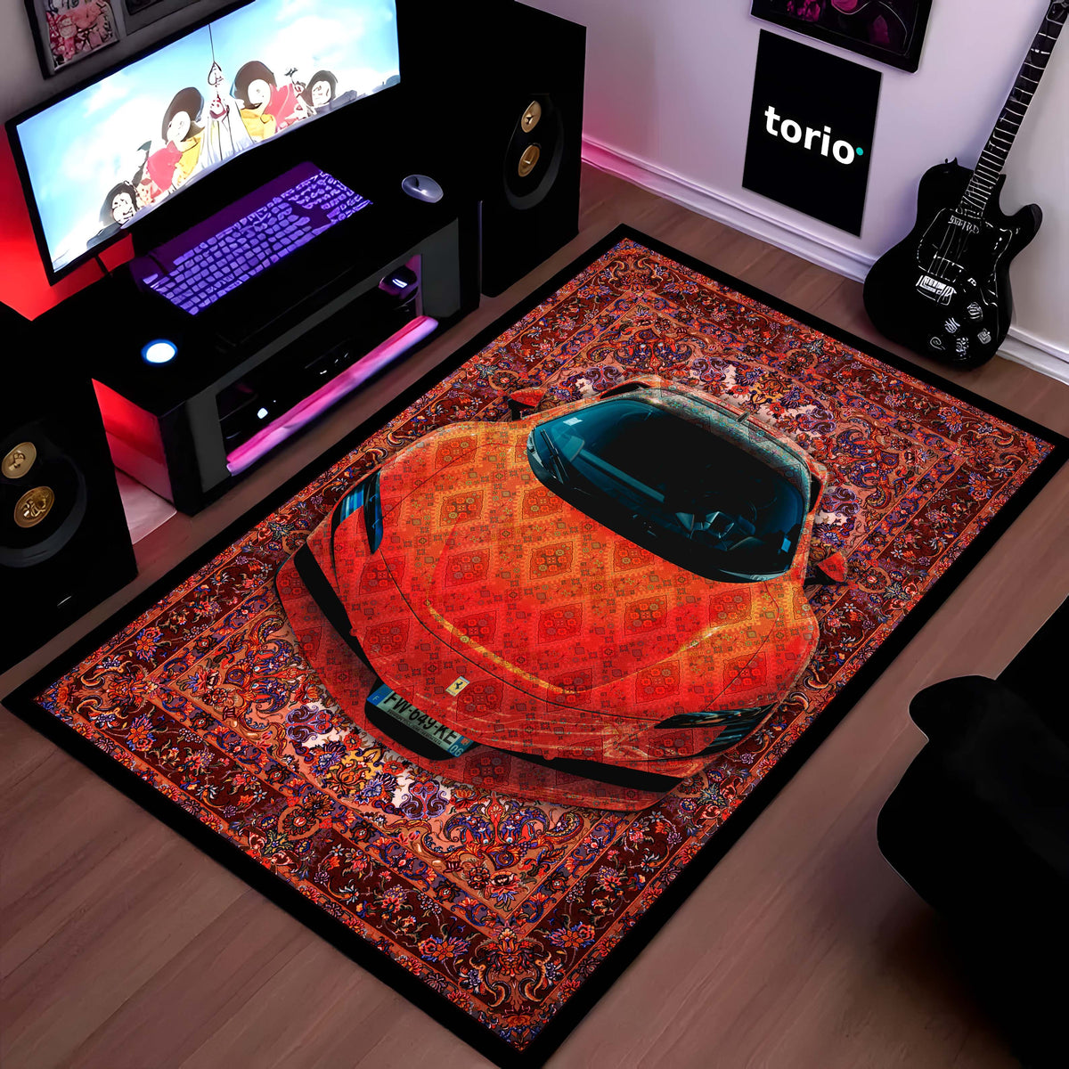 Ferrari SF90 Stradale Front View Floor Mat | Red Persian Pattern Hypercar Luxury Flat Rug | Anti-Slip 3mm Absorbent Supercar Design Mat for Home, Office & Studio