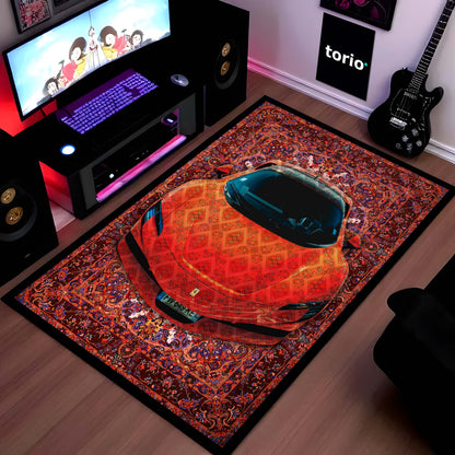 Ferrari SF90 Stradale Front View Floor Mat | Red Persian Pattern Hypercar Luxury Flat Rug | Anti-Slip 3mm Absorbent Supercar Design Mat for Home, Office & Studio