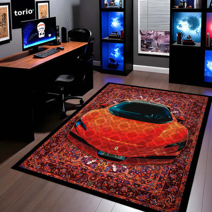 Ferrari SF90 Stradale Front View Floor Mat | Red Persian Pattern Hypercar Luxury Flat Rug | Anti-Slip 3mm Absorbent Supercar Design Mat for Home, Office & Studio
