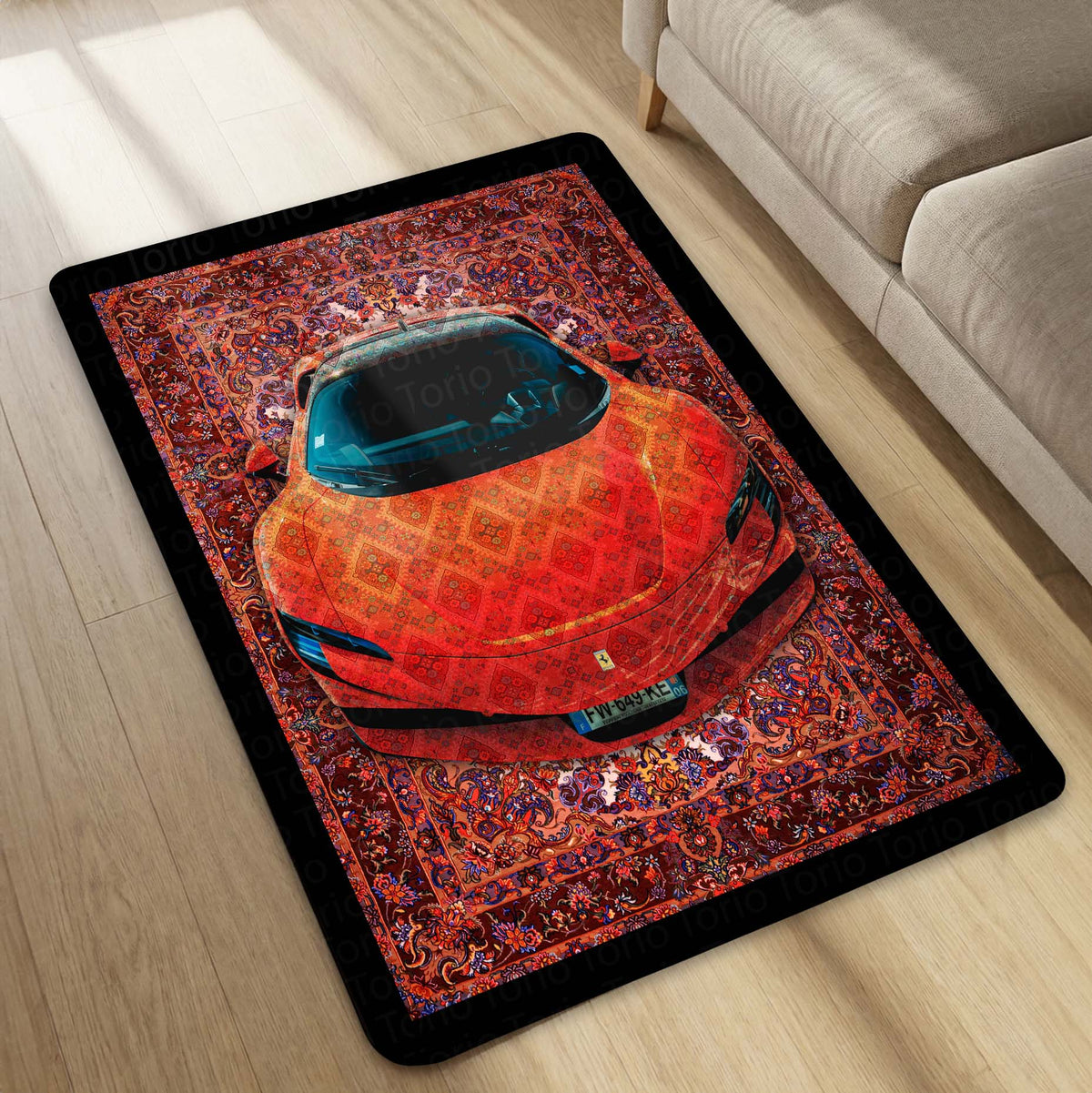 Ferrari SF90 Stradale Front View Floor Mat | Red Persian Pattern Hypercar Luxury Flat Rug | Anti-Slip 3mm Absorbent Supercar Design Mat for Home, Office & Studio