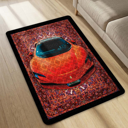 Ferrari SF90 Stradale Front View Floor Mat | Red Persian Pattern Hypercar Luxury Flat Rug | Anti-Slip 3mm Absorbent Supercar Design Mat for Home, Office & Studio