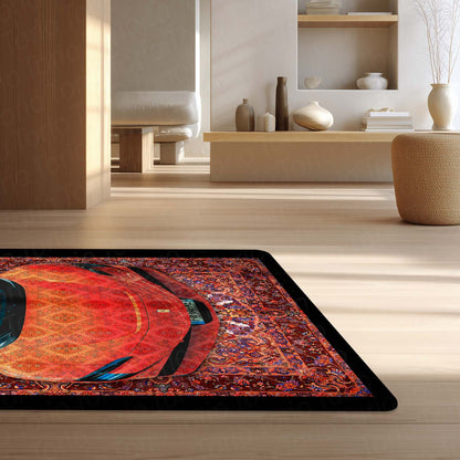 Ferrari SF90 Stradale Front View Floor Mat | Red Persian Pattern Hypercar Luxury Flat Rug | Anti-Slip 3mm Absorbent Supercar Design Mat for Home, Office & Studio