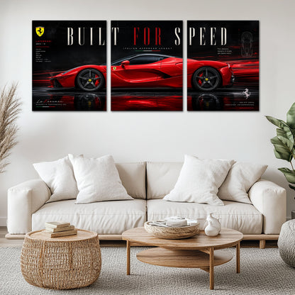 Car Metal Poster Set of 3 | Ferrari LaFerrari Built for Speed Triptych Wall Art