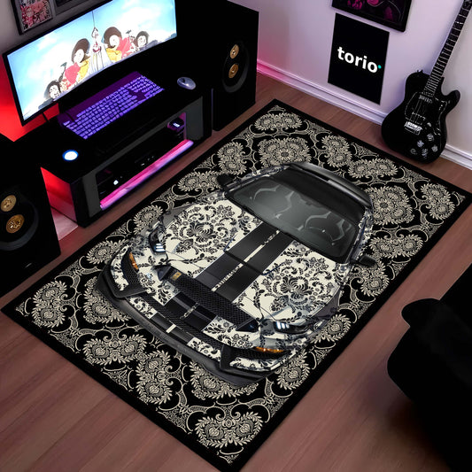 Ford Mustang Shelby GT500 Front View Floor Mat | Black Damask Muscle Car Luxury Flat Rug | Anti-Slip 3mm Absorbent Performance Car Design Mat for Home, Office & Studio