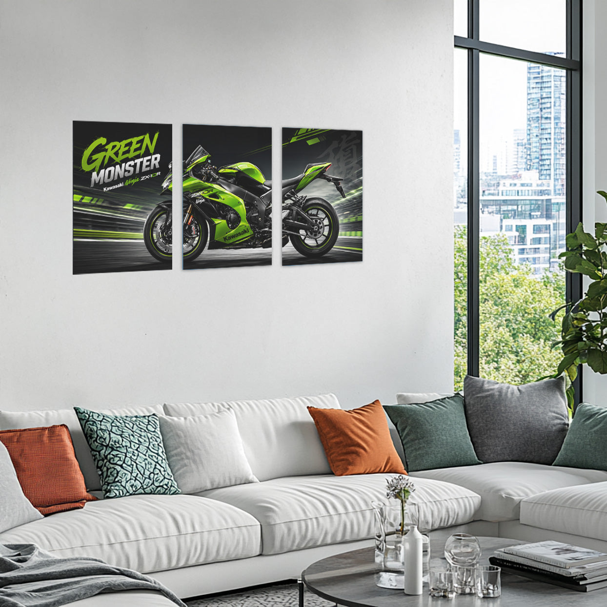 Bike Metal Poster Set of 3 | Kawasaki Ninja ZX-10R Green Monster Racing Triptych Wall Art