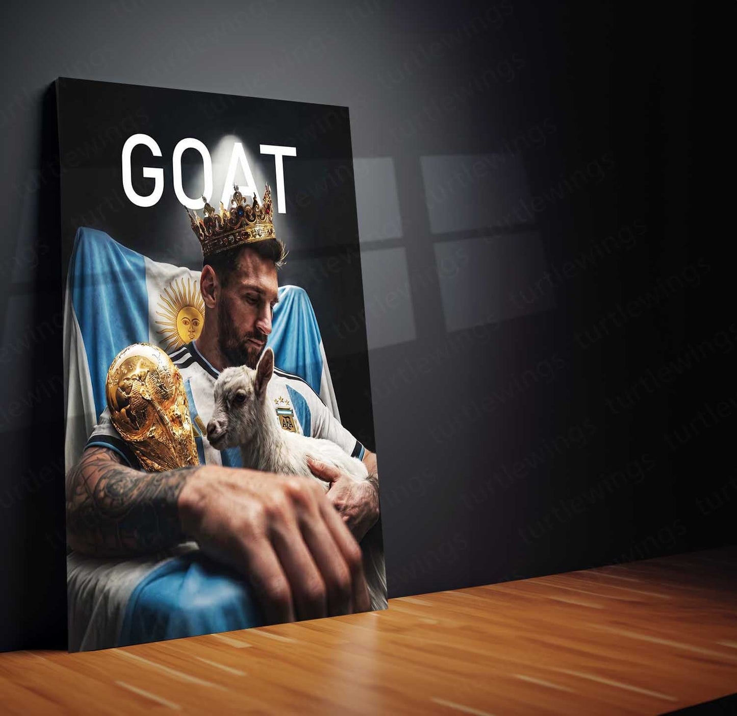 Messi GOAT Crown Metal Poster | World Champion Football Legend Wall Art | Premium Sports Metal Print