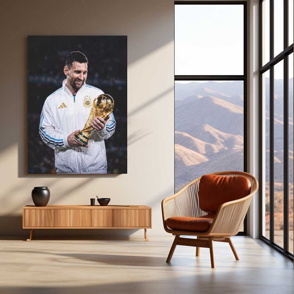 Messi World Cup Glory Metal Poster | Argentina Football Champion Wall Art | Premium Sports Metal Print