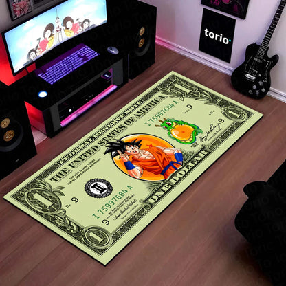 Goku Dragon Ball Money Note Flat Rug | Anime Dollar Bill Inspired Bedroom Flat Rug for Gaming Room & Otaku Decor
