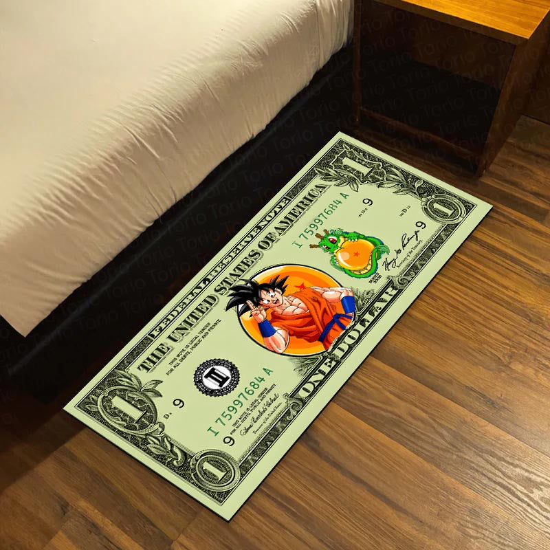 Goku Dragon Ball Money Note Flat Rug | Anime Dollar Bill Inspired Bedroom Flat Rug for Gaming Room & Otaku Decor