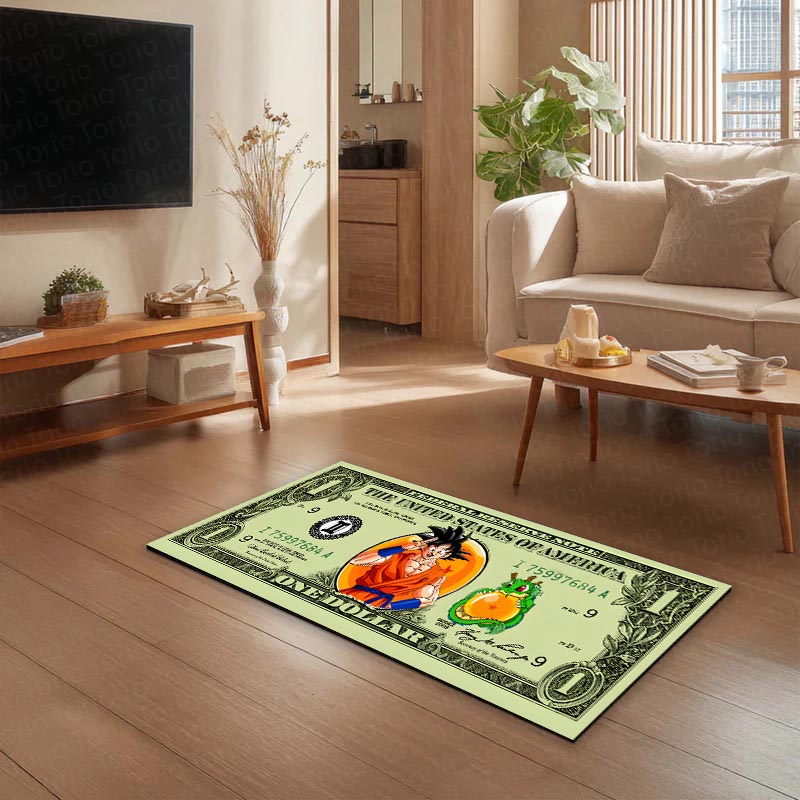 Goku Dragon Ball Money Note Flat Rug | Anime Dollar Bill Inspired Bedroom Flat Rug for Gaming Room & Otaku Decor