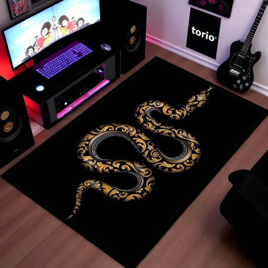 Golden Snake Luxury Area Flat Rug | Aesthetic Black & Gold Serpent Floor Mat | Modern Designer Flat Rug for Bedroom, Living Room & Gaming Room Decor | Anti Slip Washable 3 mm Carpet