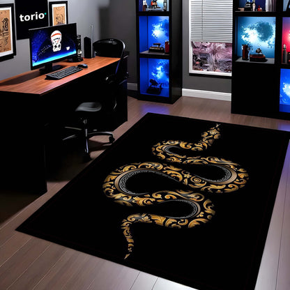 Golden Snake Luxury Area Flat Rug | Aesthetic Black & Gold Serpent Floor Mat | Modern Designer Flat Rug for Bedroom, Living Room & Gaming Room Decor | Anti Slip Washable 3 mm Carpet