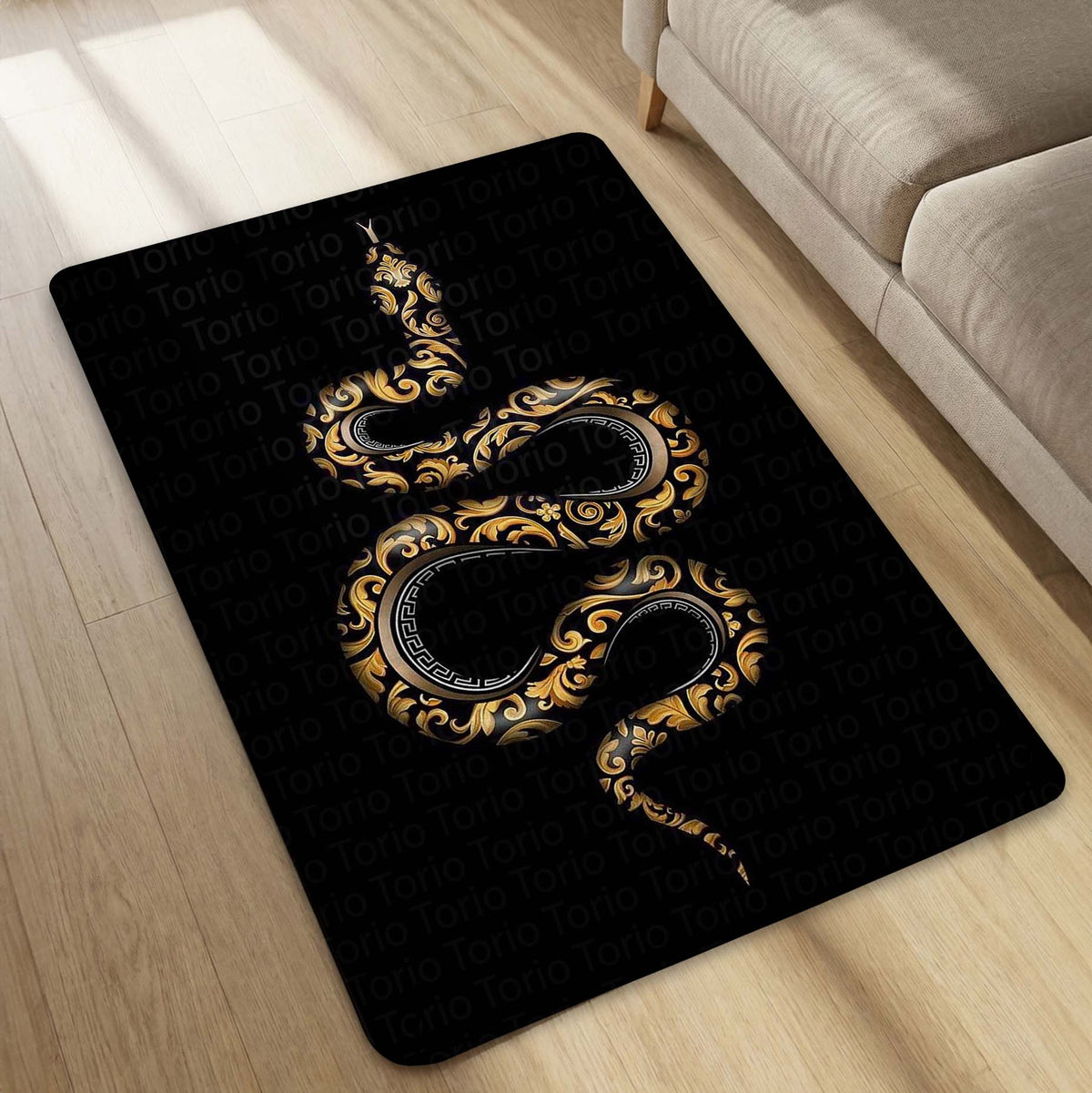 Golden Snake Luxury Area Flat Rug | Aesthetic Black & Gold Serpent Floor Mat | Modern Designer Flat Rug for Bedroom, Living Room & Gaming Room Decor | Anti Slip Washable 3 mm Carpet