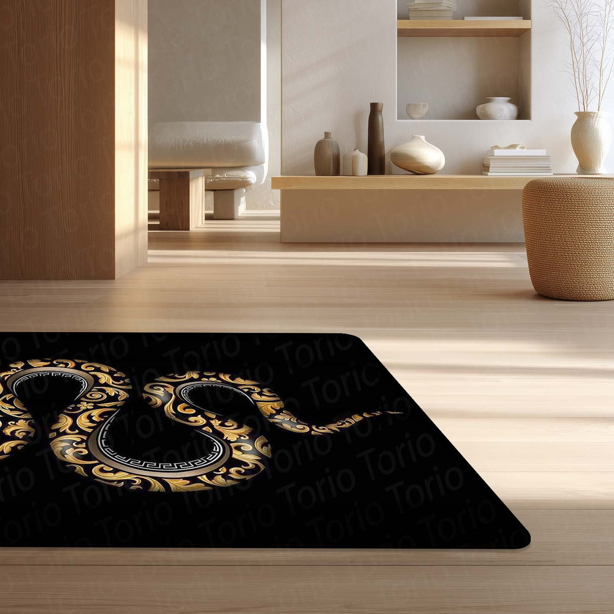 Golden Snake Luxury Area Flat Rug | Aesthetic Black & Gold Serpent Floor Mat | Modern Designer Flat Rug for Bedroom, Living Room & Gaming Room Decor | Anti Slip Washable 3 mm Carpet
