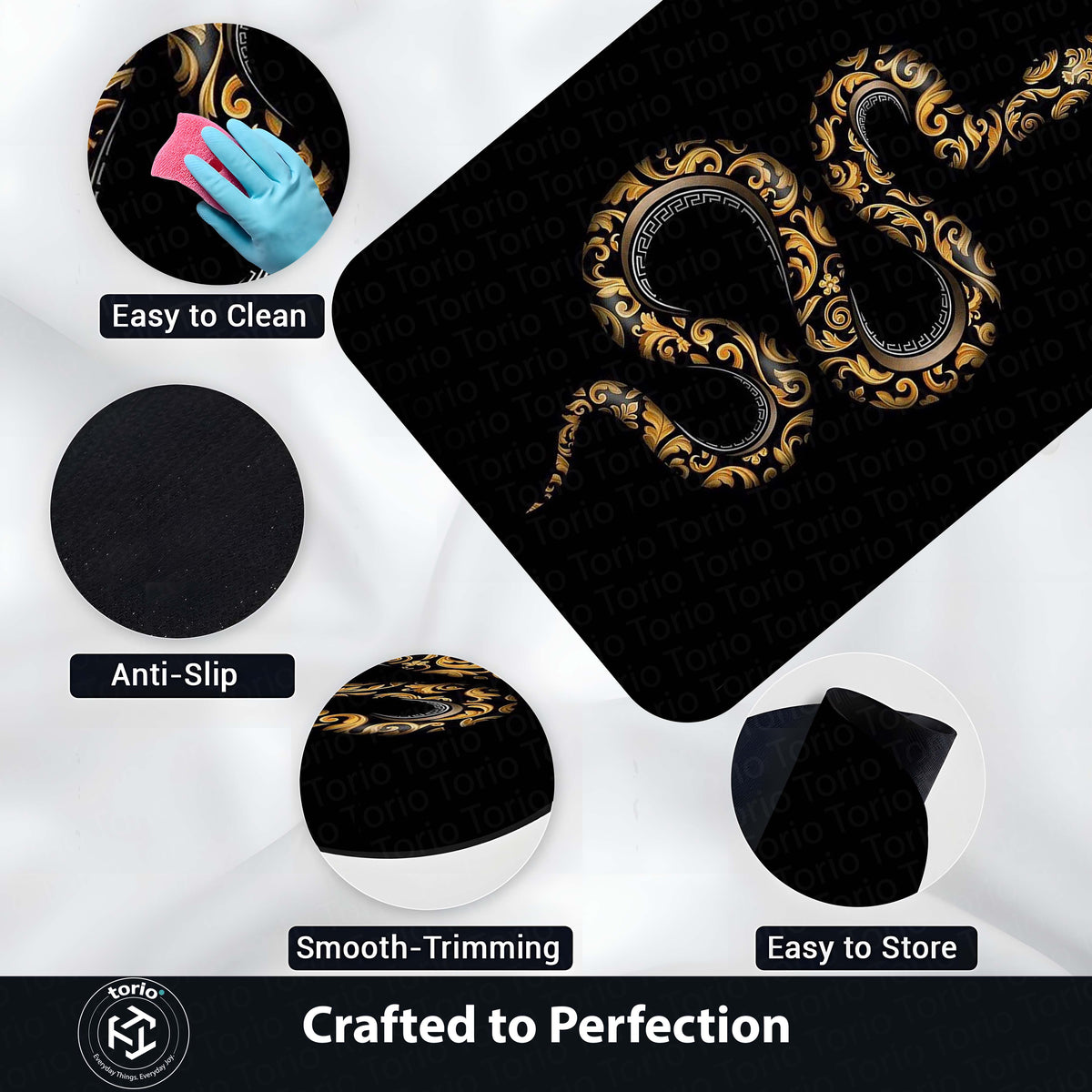 Golden Snake Luxury Area Flat Rug | Aesthetic Black & Gold Serpent Floor Mat | Modern Designer Flat Rug for Bedroom, Living Room & Gaming Room Decor | Anti Slip Washable 3 mm Carpet