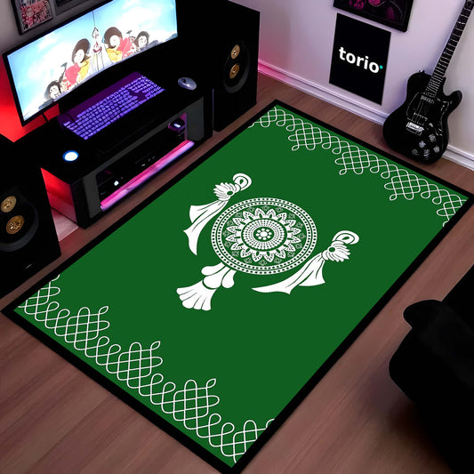 Emerald Geometric Mosaic Area Flat Rug | Modern Green Abstract Floor Mat | Artistic Decorative Flat Rug for Living Room, Gaming Setup & Office Decor