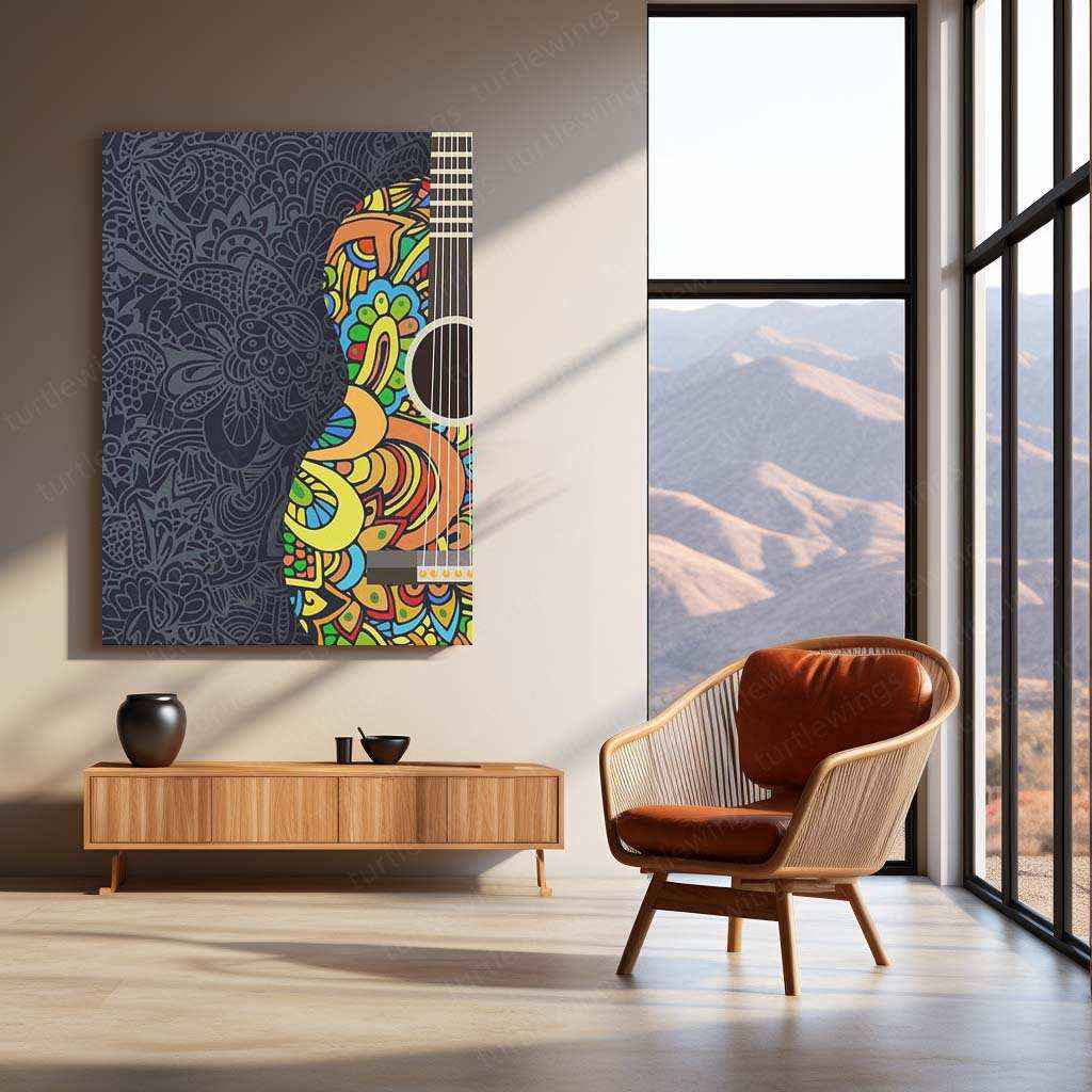 Guitar Mandala Metal Poster | Musical Boho Wall Art | Artistic Instrument Decor - TURTLEWINGS