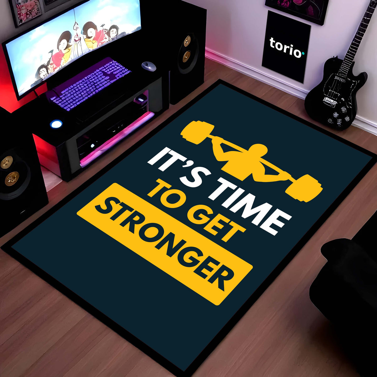 It’s Time to Get Stronger Rubber Floor Mat (3 mm Thick) | Gym Motivation Quote Flat Rug for Workout Room, Home Gym, Bedroom & Fitness Decor