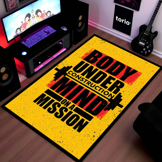 Body Under Construction Mind on a Mission Rubber Floor Mat (3 mm Thick) | Powerful Gym Motivation Quote Flat Rug for Home Gym, Workout Room & Fitness Décor
