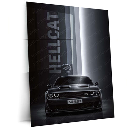 Car Metal Poster | Dodge Challenger Hellcat Shadow Edition Metal Poster | Black Muscle Car Wall Art | Premium Automotive Metal Print