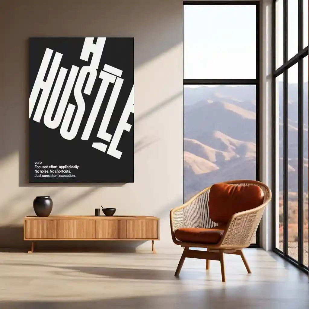 Quote Metal Poster | HUSTLE | Focused Execution Motivation Wall Art | Minimalist Success Mindset Metal Frame - TURTLEWINGS