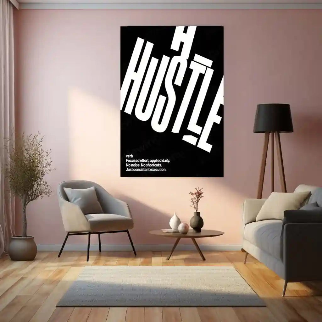 Quote Metal Poster | HUSTLE | Focused Execution Motivation Wall Art | Minimalist Success Mindset Metal Frame - TURTLEWINGS