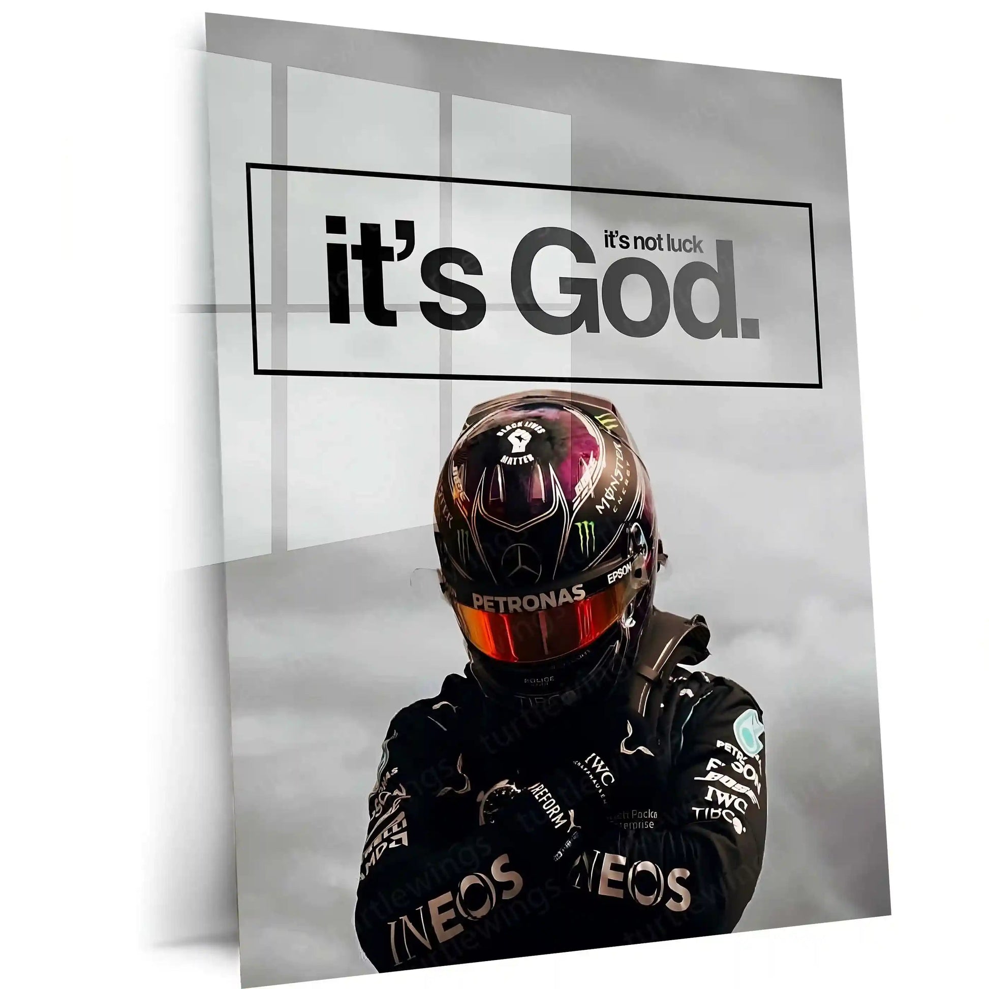 Quote Metal Poster | Lewis Hamilton – It’s Not Luck, It’s God Metal Frame Faith-Driven Champion Mindset Wall Art | Formula 1 Belief & Purpose Quote Metal Poster - TURTLEWINGS 