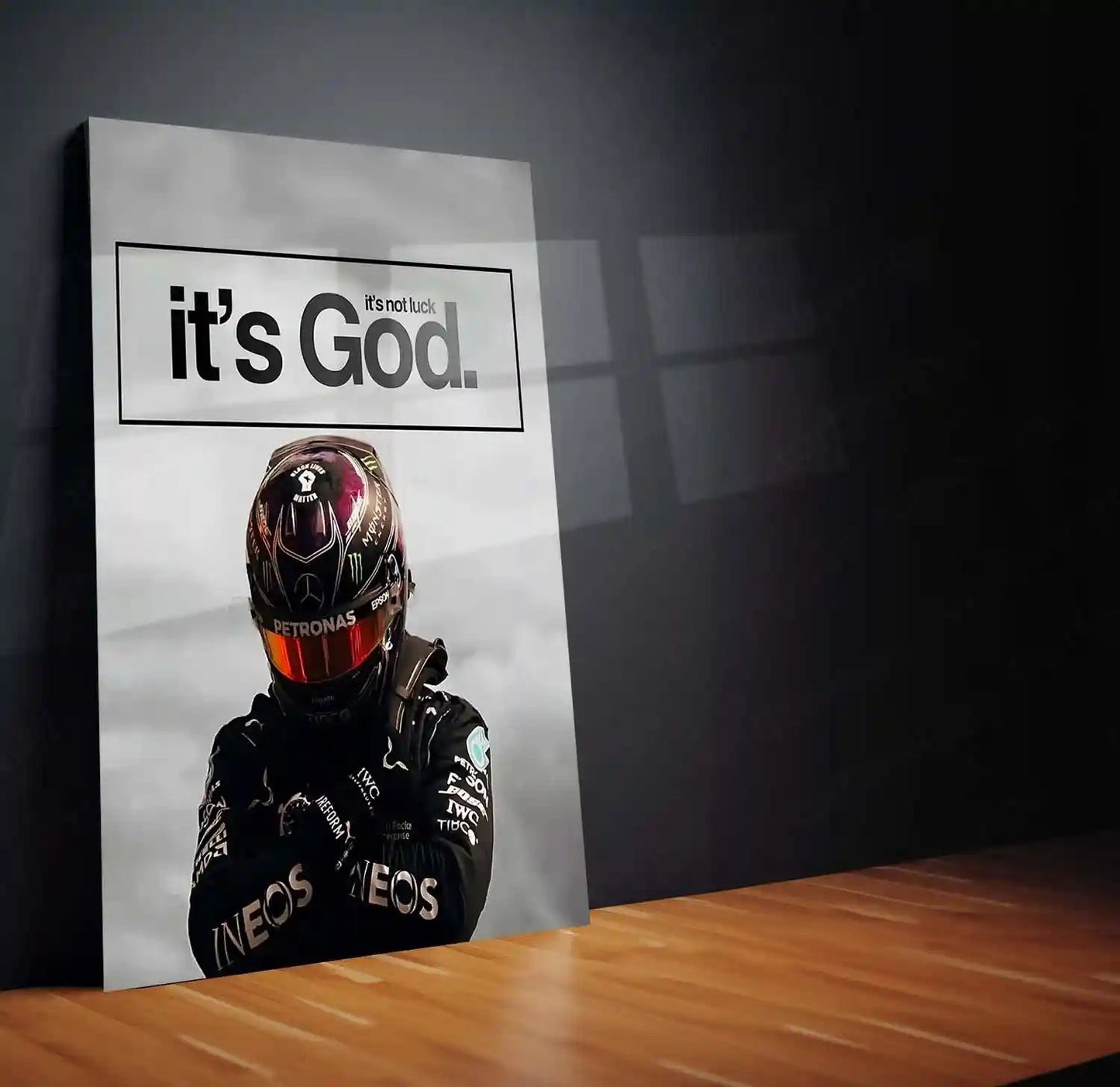Quote Metal Poster | Lewis Hamilton – It’s Not Luck, It’s God Metal Frame Faith-Driven Champion Mindset Wall Art | Formula 1 Belief & Purpose Quote Metal Poster - TURTLEWINGS 