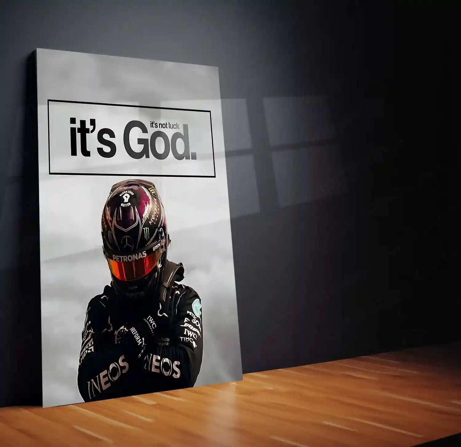 Quote Metal Poster | Lewis Hamilton – It’s Not Luck, It’s God Metal Frame Faith-Driven Champion Mindset Wall Art | Formula 1 Belief & Purpose Quote Metal Poster - TURTLEWINGS 
