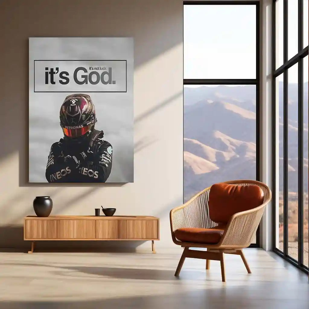 Quote Metal Poster | Lewis Hamilton – It’s Not Luck, It’s God Metal Frame Faith-Driven Champion Mindset Wall Art | Formula 1 Belief & Purpose Quote Metal Poster - TURTLEWINGS 