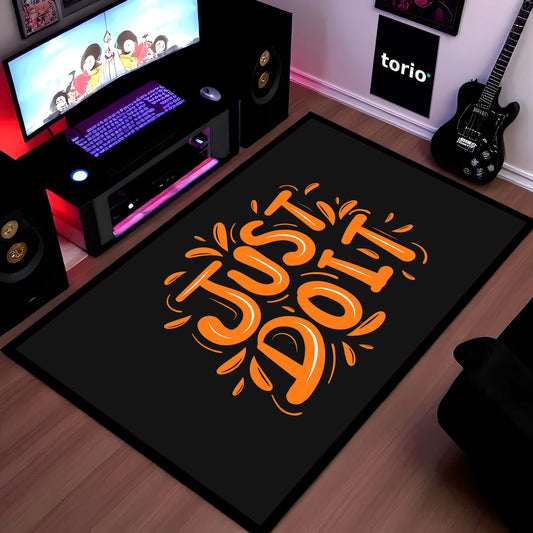 Just Do It Motivation Floor Mat (3 mm Thick) | Minimal Black & Orange Inspirational Flat Rug for Home, Gym & Studio