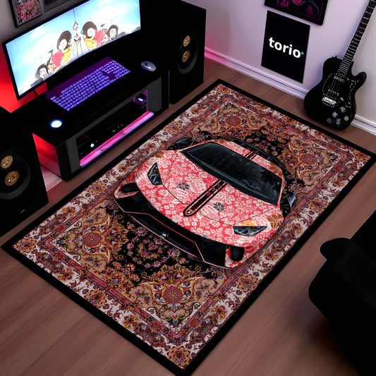 Lamborghini Aventador Front View Floor Mat | Persian Floral Supercar Luxury Flat Rug | Anti-Slip 3mm Absorbent Exotic Car Design Mat for Home, Office & Studio
