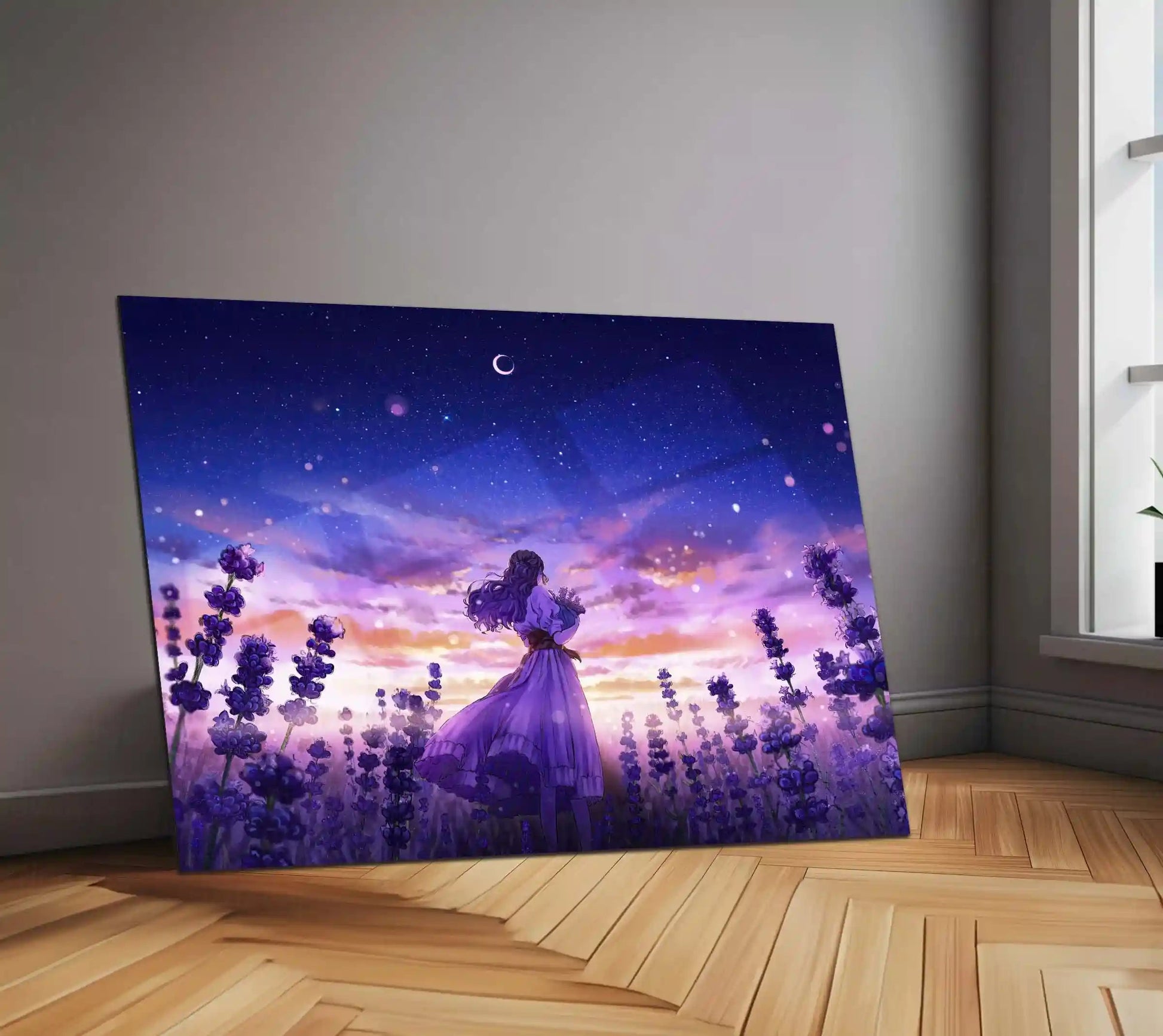 Lavender Field Dreams | Anime Girl Aesthetic Metal Frame | Serene Pastel Anime Wall Art - TURTLEWINGS