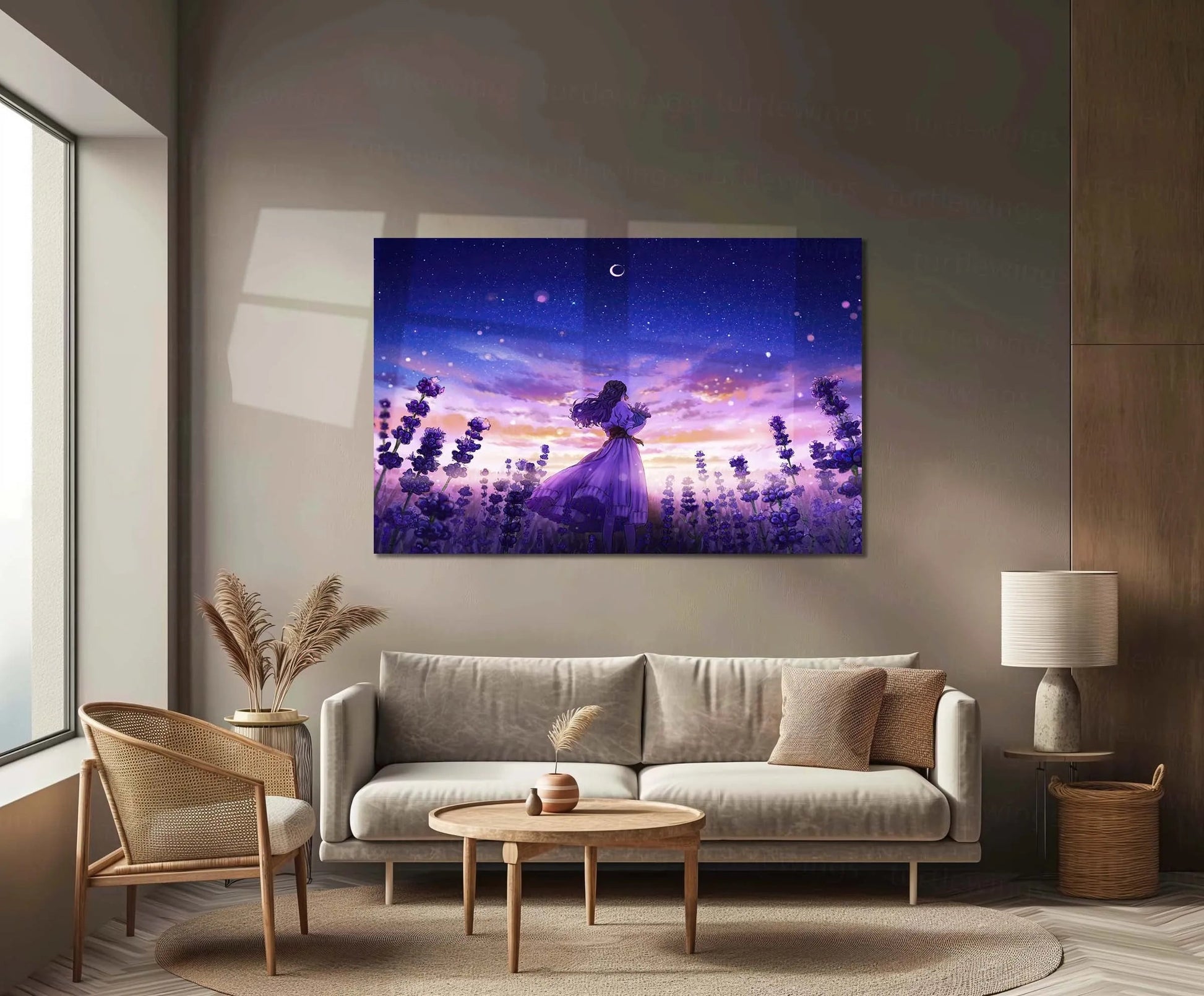 Lavender Field Dreams | Anime Girl Aesthetic Metal Frame | Serene Pastel Anime Wall Art - TURTLEWINGS